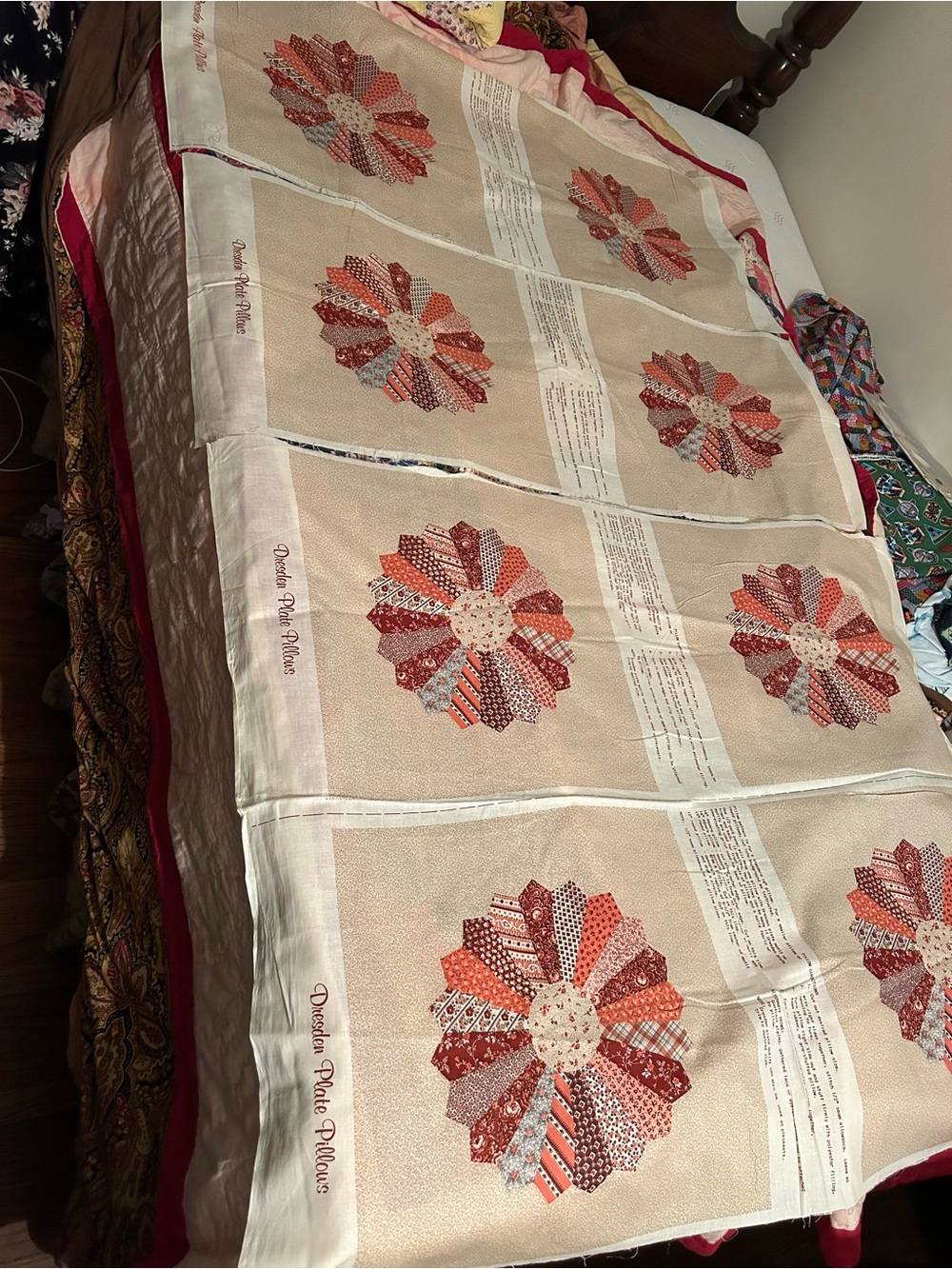 Vintage 80s Grannycore Print Dresden Plate pillow fabrics each square 16.5”
